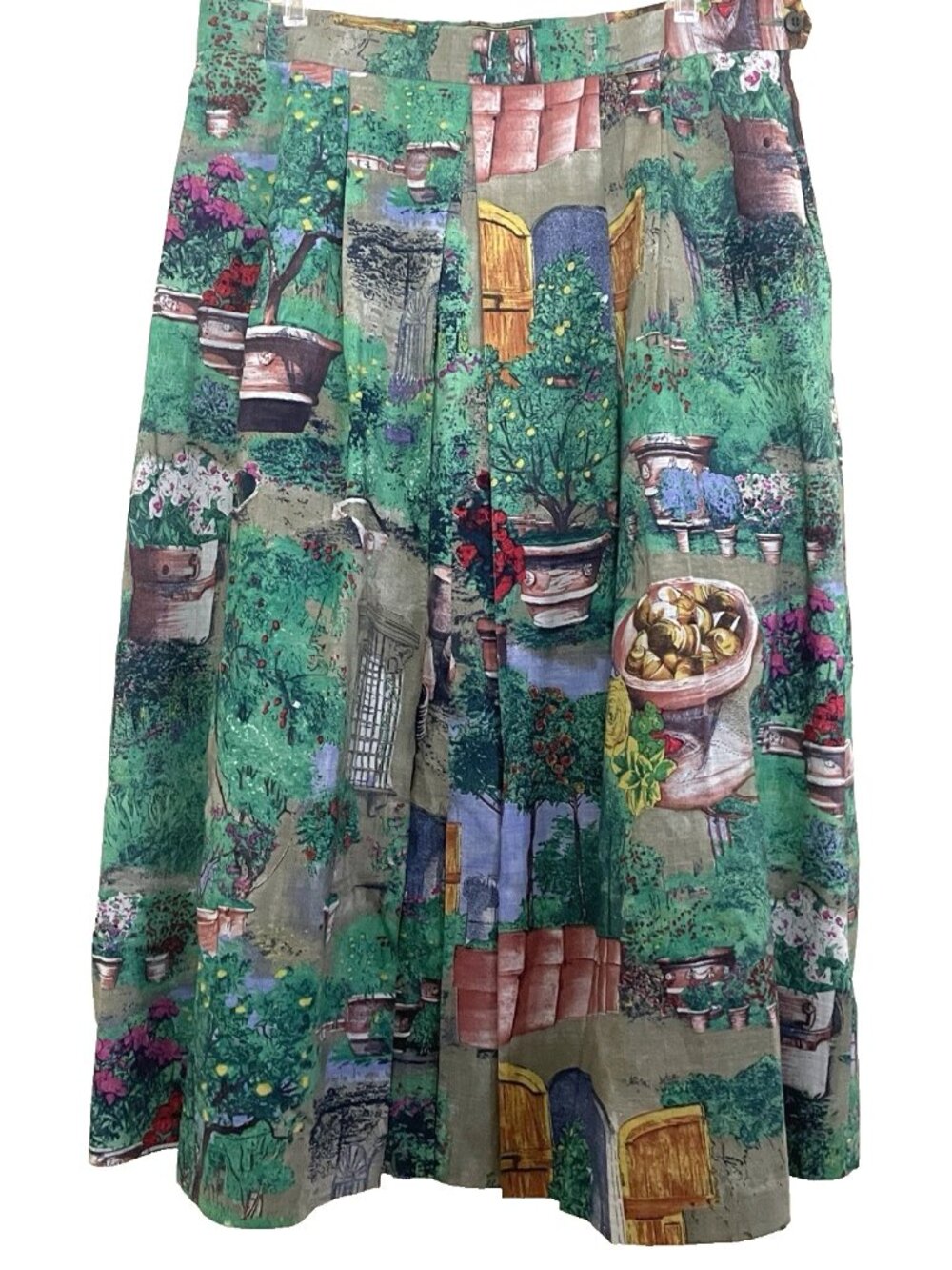 Geiger A-line Midi Skirt Size 46 Wool Pleated Gardening Print Colorful Vintage
